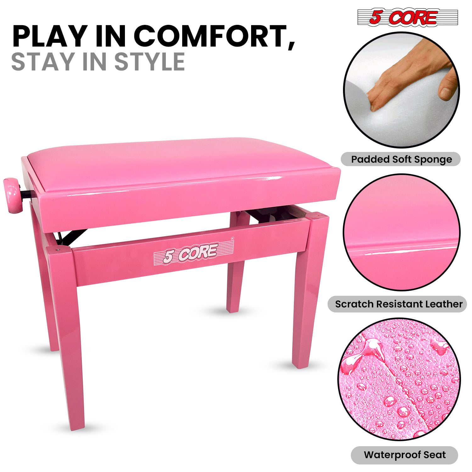 Adjustable Piano Bench Thick 3.25" Solid Wood Keyboard Stool Heavy Duty Musician Chair