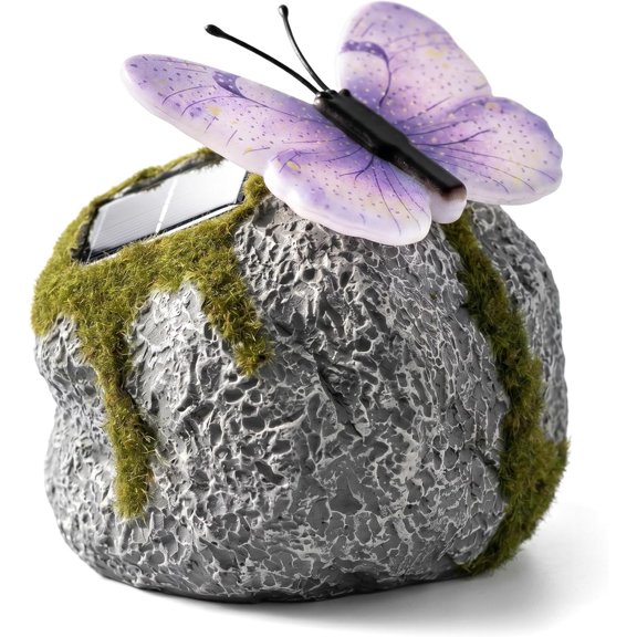 Solar Powered Butterfly Garden Stone Light, Purple Mossy Rock Outdoor Lawn Ornament Decor