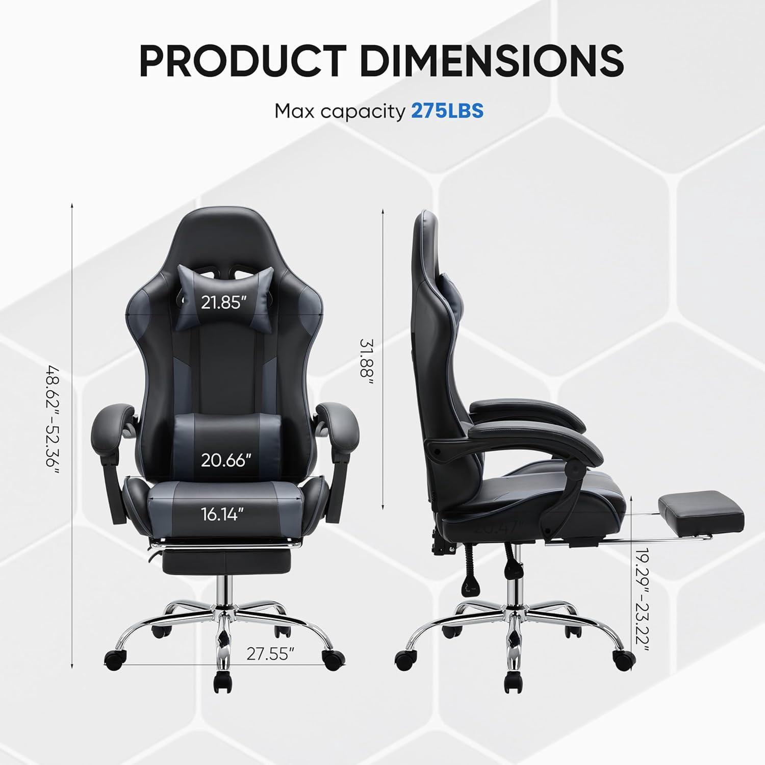 CONCETTA Gaming Chair with Footrest and Lumbar Support, Ergonomic Home Office Chair, Black and Gray