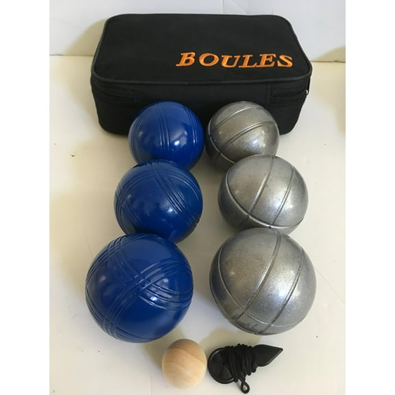 BuyBocceBalls Listing -73mm Metal Petanque/Boules 6 Ball Set with 3 Striped Grind Sand and 3 Blue Balls and Black Bag