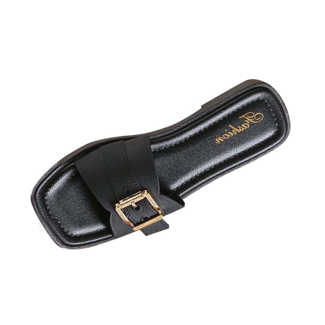 Slide Sandals for Women Flat Sole Open Square Toe Buckle Decor Soft Sole Non Slip Summer Beach Sandals Black