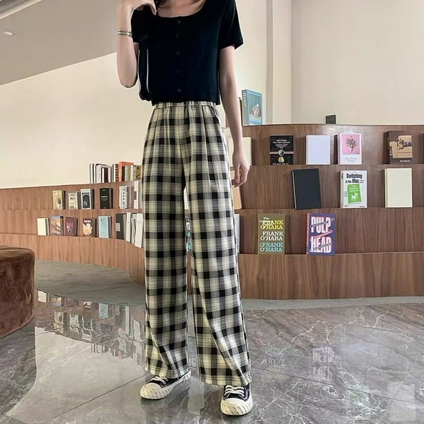 Straight Leg Trousers, High Waist Plaid Pants Loose Casual Free Size For  Travel For Dating Light Blue Grid,Yellow Grid,Green Grid,Black White Grid