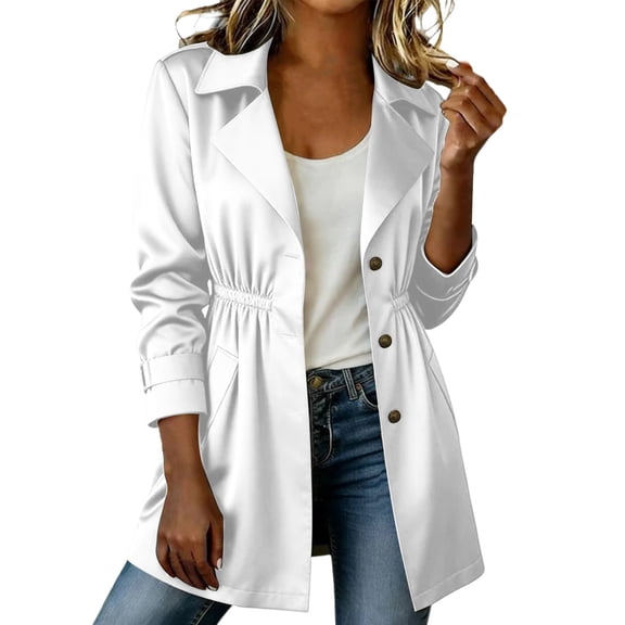 XPMWRP Women's Cinched Waist Trench Coat, Notched Lapel Mid Length Lightweight Windbreaker Jacket with Pockets White L