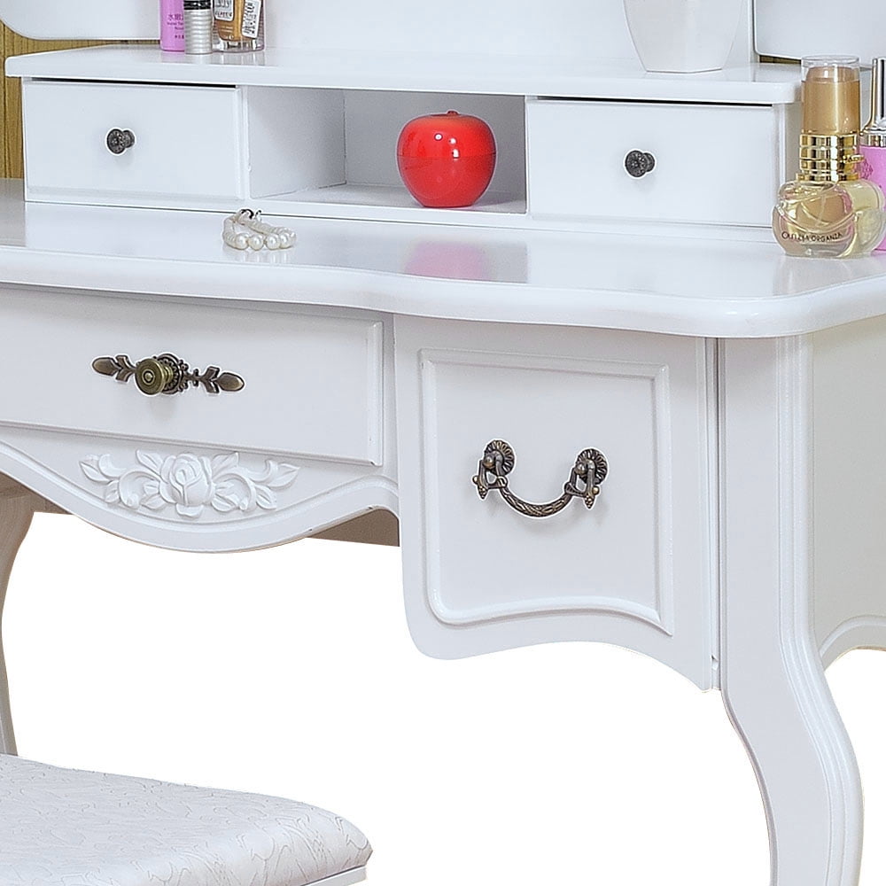 Kepooman Vanity Table Set, Tri-fold Mirror Dresser Table with Dressing Stool, White Kepooman Vanity Table Set, Tri-fold Mirror Dresser Table with Dressing Stool, White