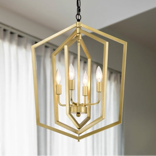 ACE-LIGHTS,4-Light Farmhouse Kitchen Chandeliers(Bulbs Not Included),Vintage Cage Light Fixture,Height Adjustable Chandeliers for Dining Room,Hallway,Foyer,Entryway(Golden)