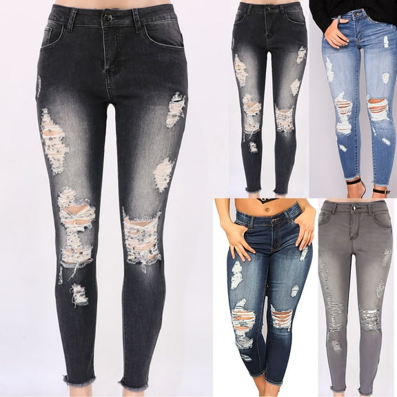 Miluxas Women's High Rise Skinny Stretch Ripped Jeans High Waisted Destroyed Denim Pants Navy 10(XL)