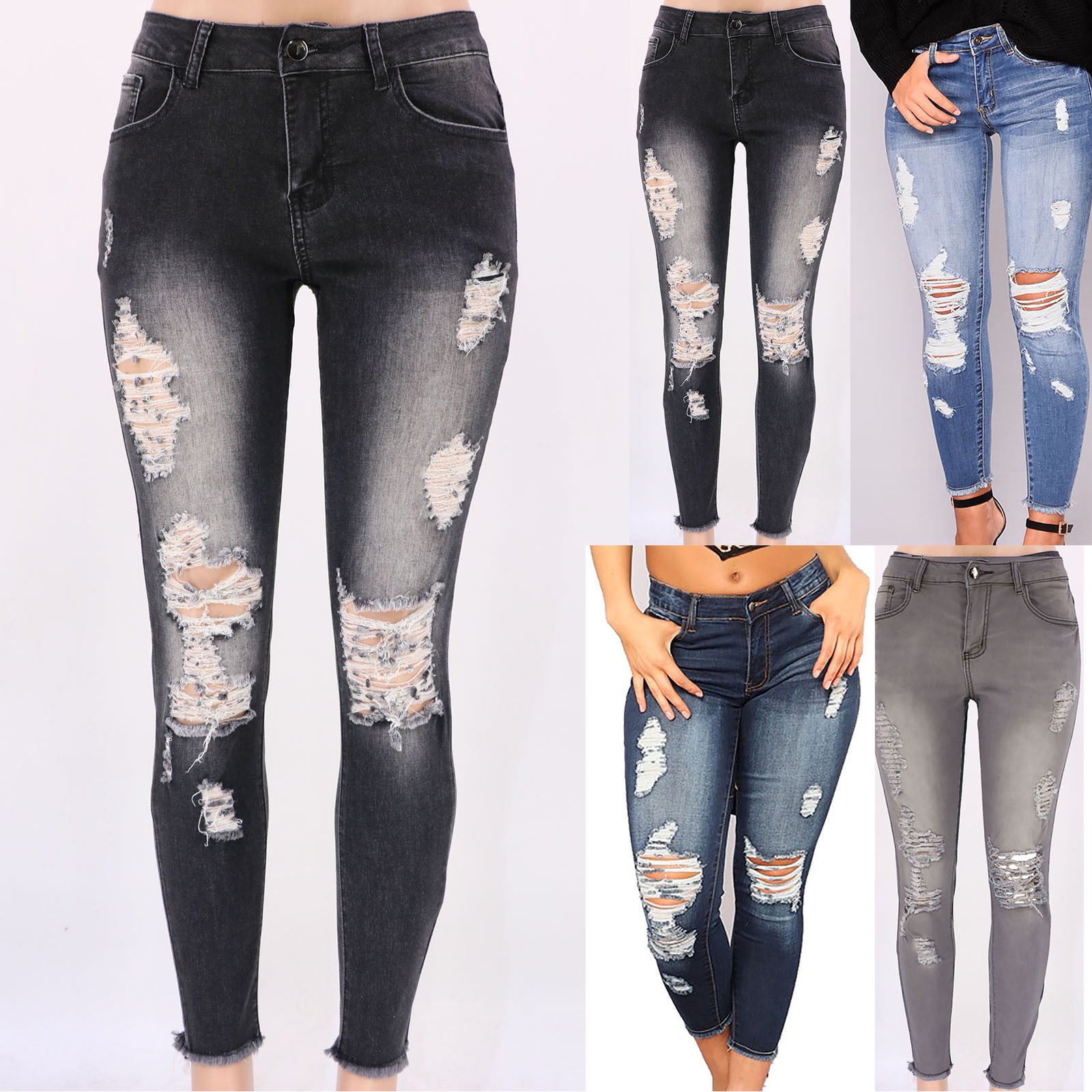 Zormilly Skinny Jeans for Women Low Rise Ripped Classic Cropped Jeans with Pockets Distressed Frayed Denim Pants, S-2XL