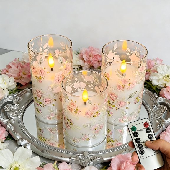 Goyuon Flameless Candle Lights Floral with Timer Remote Control Battery Powered for Home/Party/Wedding Decoration 3 Pack