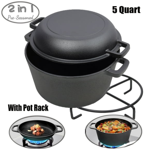 2 In 1 5 Quart Cast Iron Dutch Oven Pot with Lid & Pot Rack for Indoor Outdoor Bread Baking Frying Camping BBQ