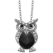 Women's Finecraft Owl Pendant Necklace with Natural Sapphires & Diamond in Sterling Silver-Plated Brass, 18"