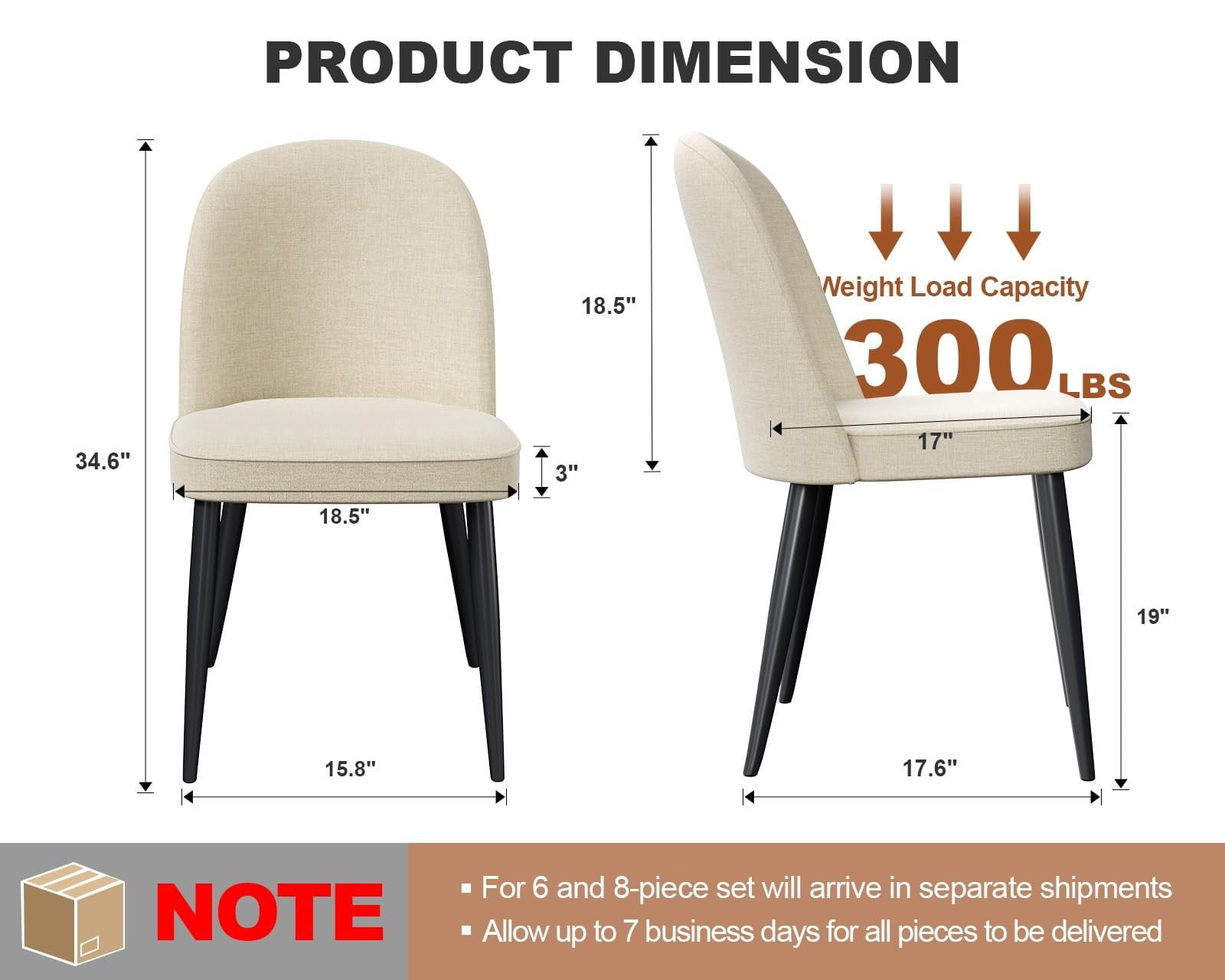 Fabric Dining Chairs Set of 4, Beige Upholstered Kitchen Chairs with Ergonomic Backrest and Metal Legs, Modern Armless Side Chairs for Dining Room, Restaurant, Living Room & Meeting Room