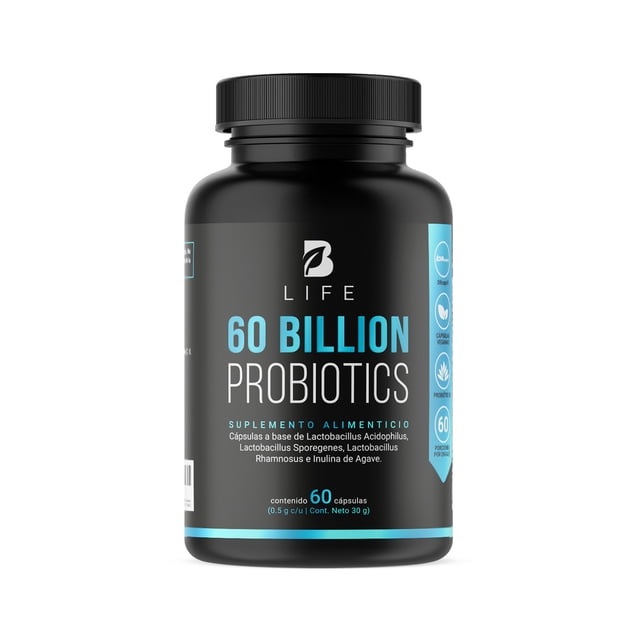 60 billones de probióticos 3 diferentes cepas 60 cápsulas veganas. ingredientes naturales. 60 billion probiotics b life Frasco negro centrado, vista frontal. Etiqueta negra con texto azul y blanco que muestra marca B Life y "60 BILLION PROBIOTICS"; indica suplemento alimenticio de 60 cápsulas, concentración de 3 cepas y cápsulas de liberación retardada (DRcaps). Fondo blanco neutro; formato pensado para uso diario.
