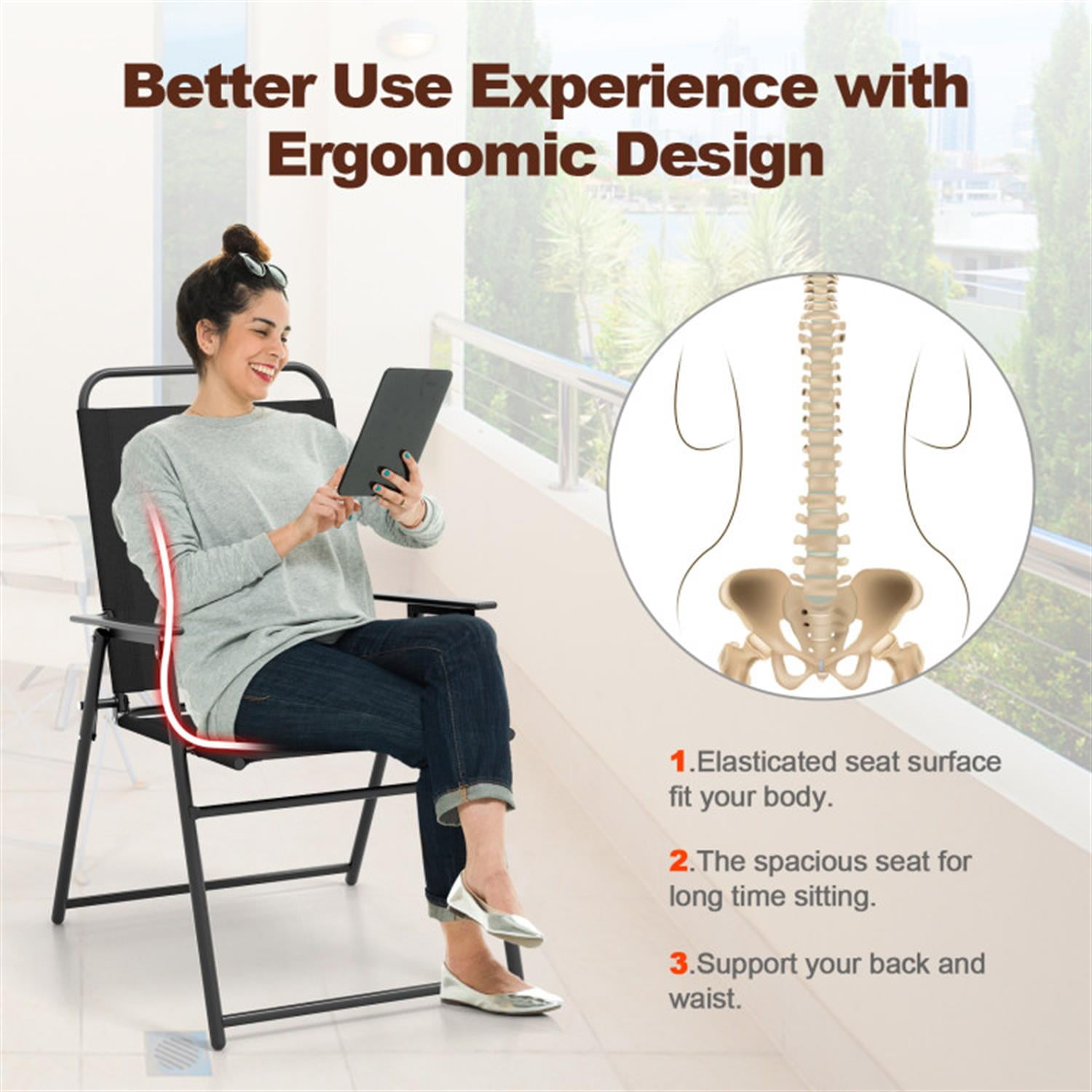 Demi Bonn Outdoor Folding Sling Chairs Set of 4 with Armrest and Backrest, Outdoor Accent Furniture Lounge Chairs for Yard, Garden, Patio, Black