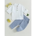 thumbnail image 3 of Toddler Baby Boy Clothes 6M 12M 18M 24M 3Y 4Y Cotton Linen Henley Shirts Button Down Long Sleeve Shirts Casual Pants Set, 3 of 9