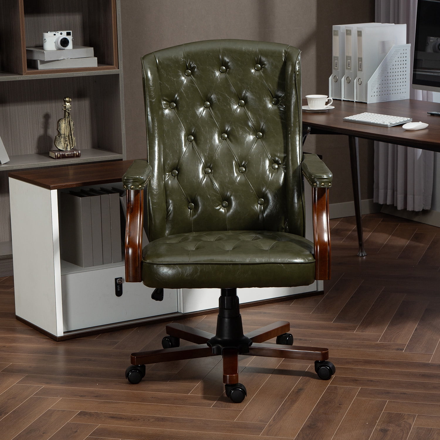 AVAWING Ergonomic Executive Office Chair, Vintage Faux Leather Swivel Work Chair, Green