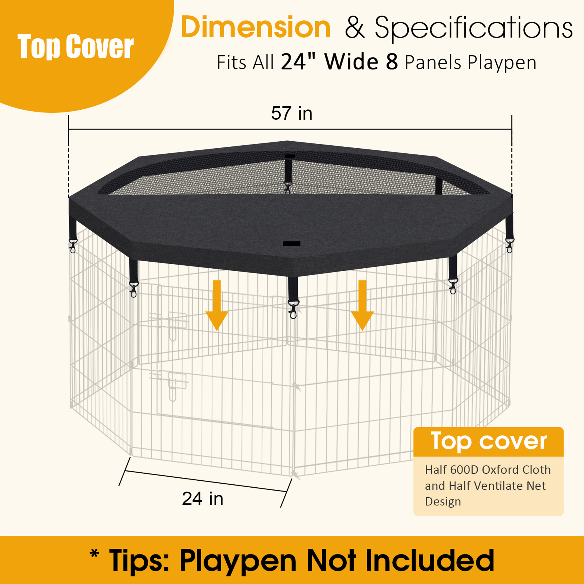 Artmalle Dog Pen Pet Playpen Dog Fence Indoor Foldable Metal Wire Exercise Puppy Play Yard Pet Enclosure Indoor Outdoor 8 Panels 24 Inch/Only Black Top Cover