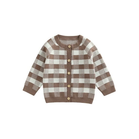 Seyurigaoka Toddlers Baby Boys Girls Knit Coats Plaid Pattern Round Neck Button Fly Long Sleeve Sweater Cardigan Autumn Winter Pullover