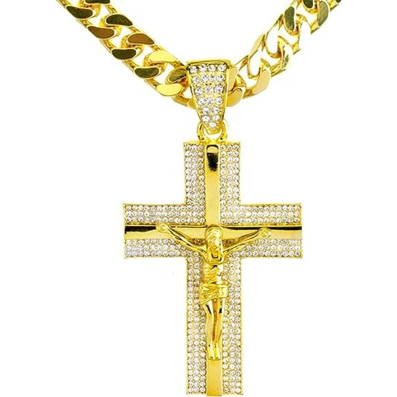 NEW Men's 14K Gold & Silver Plated Iced Cross Jesus Pendant 30" Heavy Cuban Chain Necklace HC 6010 (Gold)