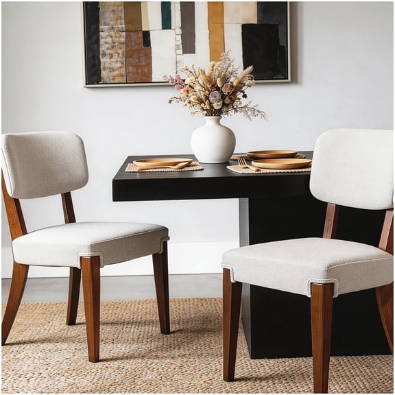 Armless Dining Chairs Set of 2 Beige Upholstered, Modern Side Chairs Solid Wood Frame for Kitchen and Dining
