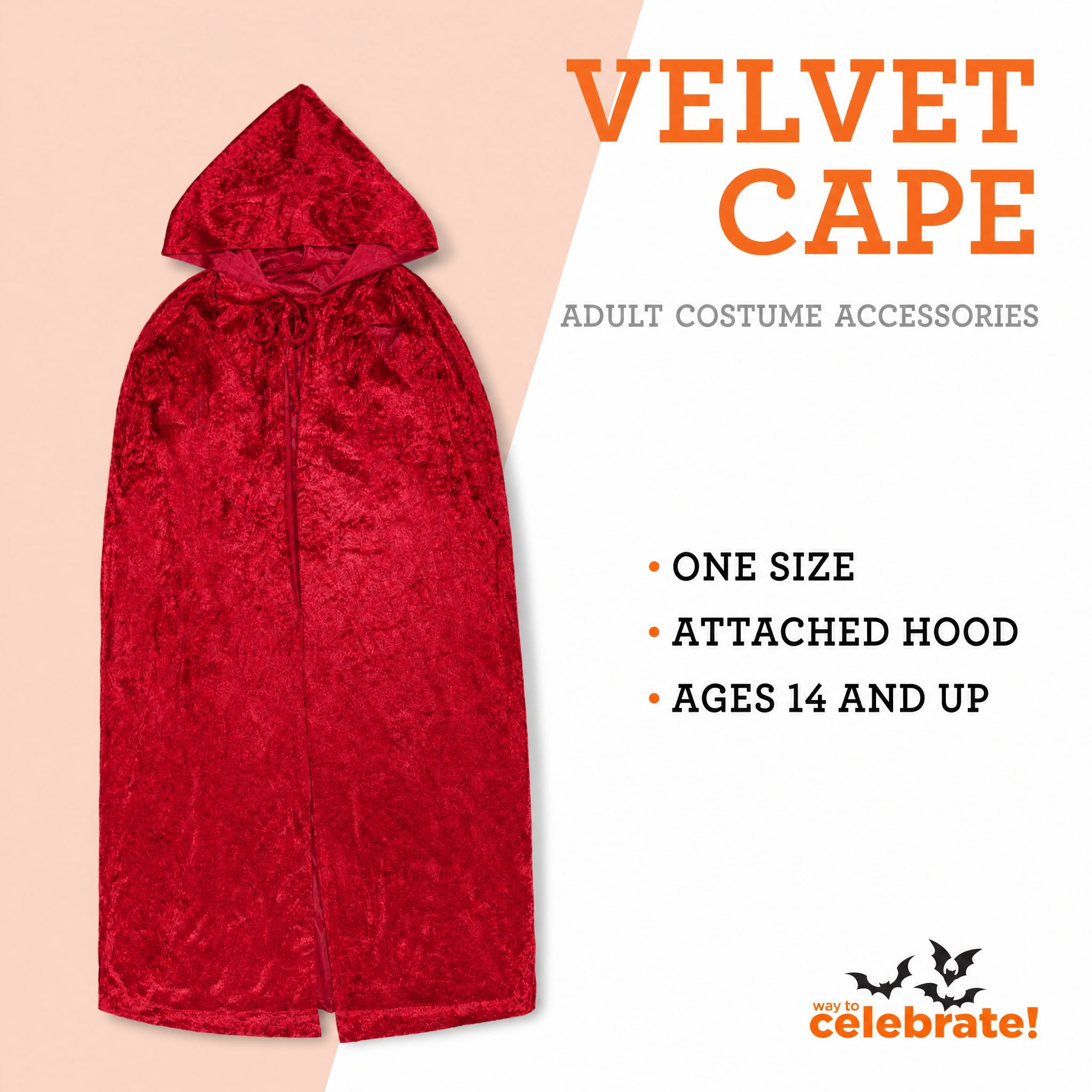 Velvet Cape Costume Accessory for Adults, Red, One Size, Halloween by Way To Celebrate