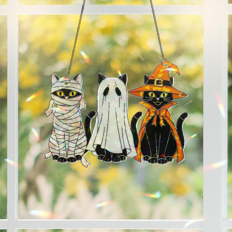 Hologram Halloween Cat Ornament: Acrylic Window Hanging, Spooky Decor