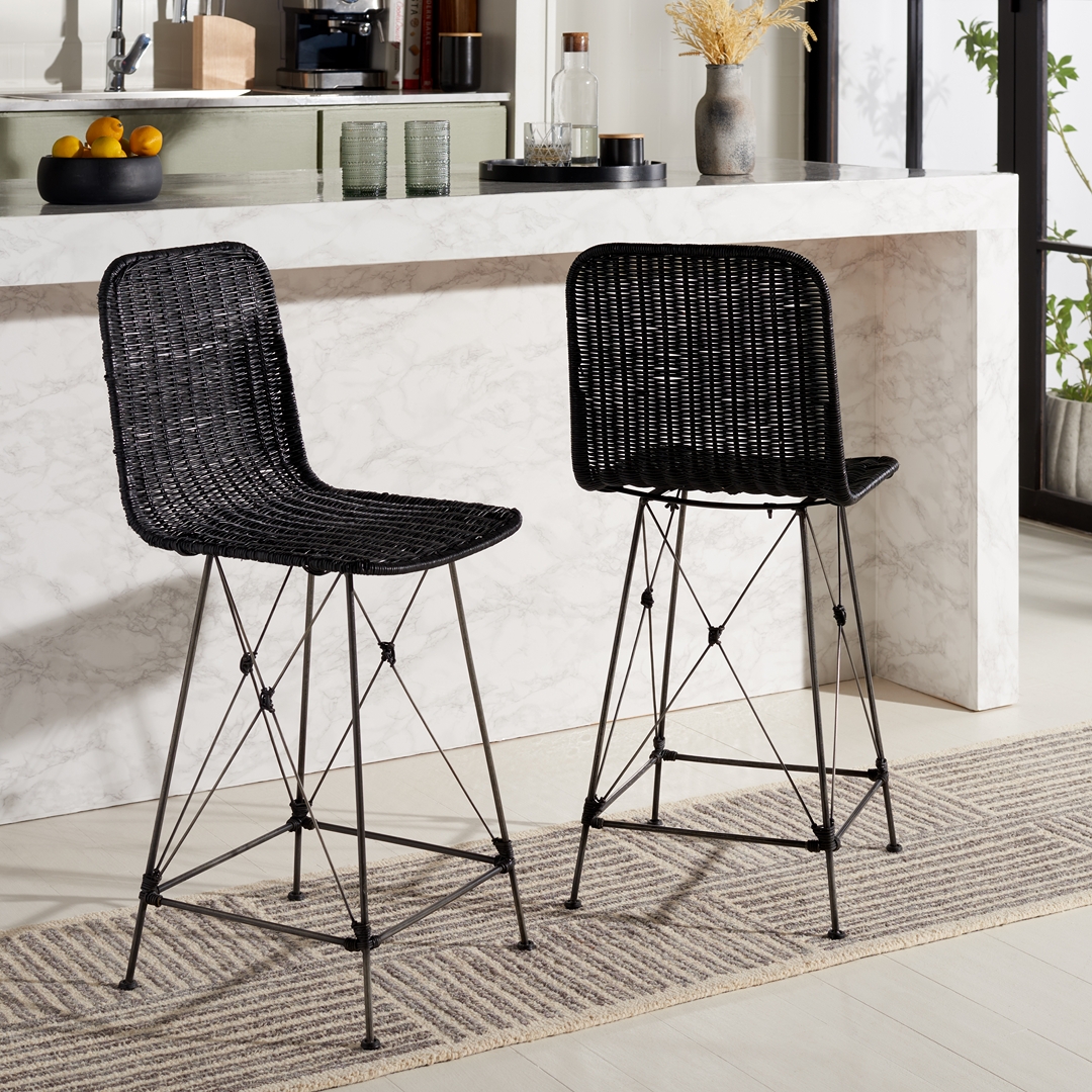 Safavieh Minerva Weaved Bohemian Mid Back Metal and Rattan Stools, Black (Set of 2)