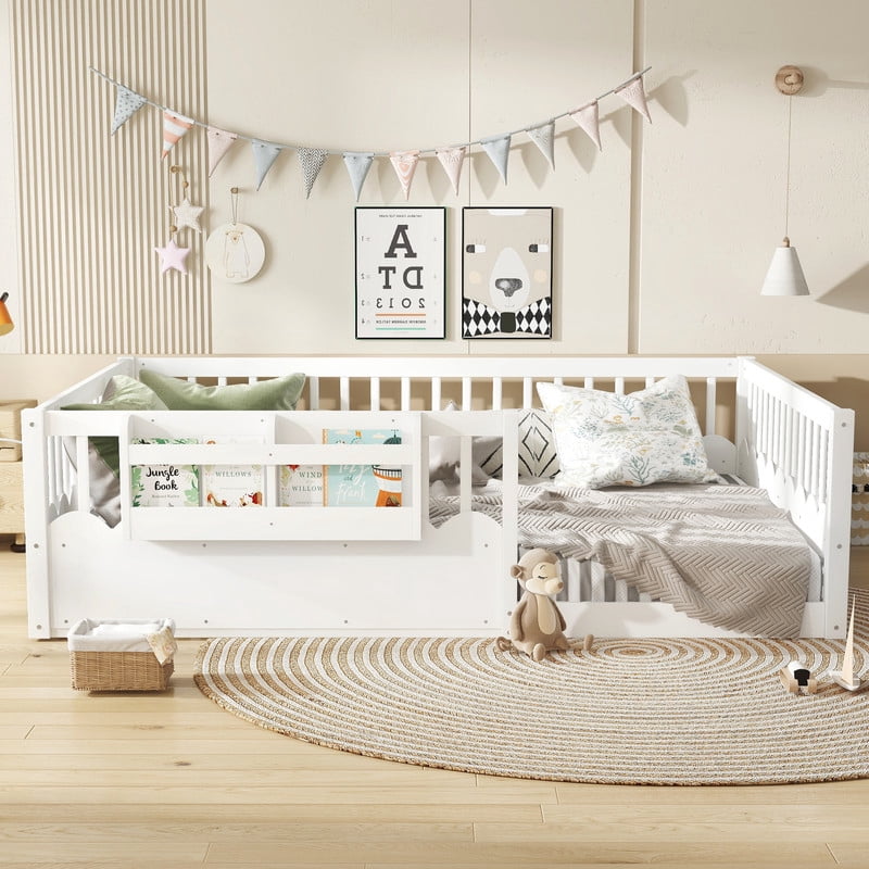 Queen Size Wood Floor Bed with Wavy Fence, Kids Platform Bed Frame with No Slat, Montessori Storage Bed with Bookshelf