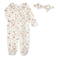 thumbnail image 2 of Baby Essentials 0 Months Newborn Girls Romper Footie Gift Set with Headband, Blanket & Wooden "Welcome Sweet Girl" Announcement Sign in Daisy Pink, 2 of 7