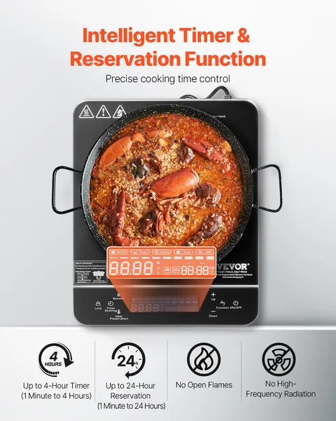 Portable Induction Cooktop 1500W Electric Burner 9 Temperature Settings 4H Timer 24H Reservation Child Lock Easy Clean Countertop Hot Plate