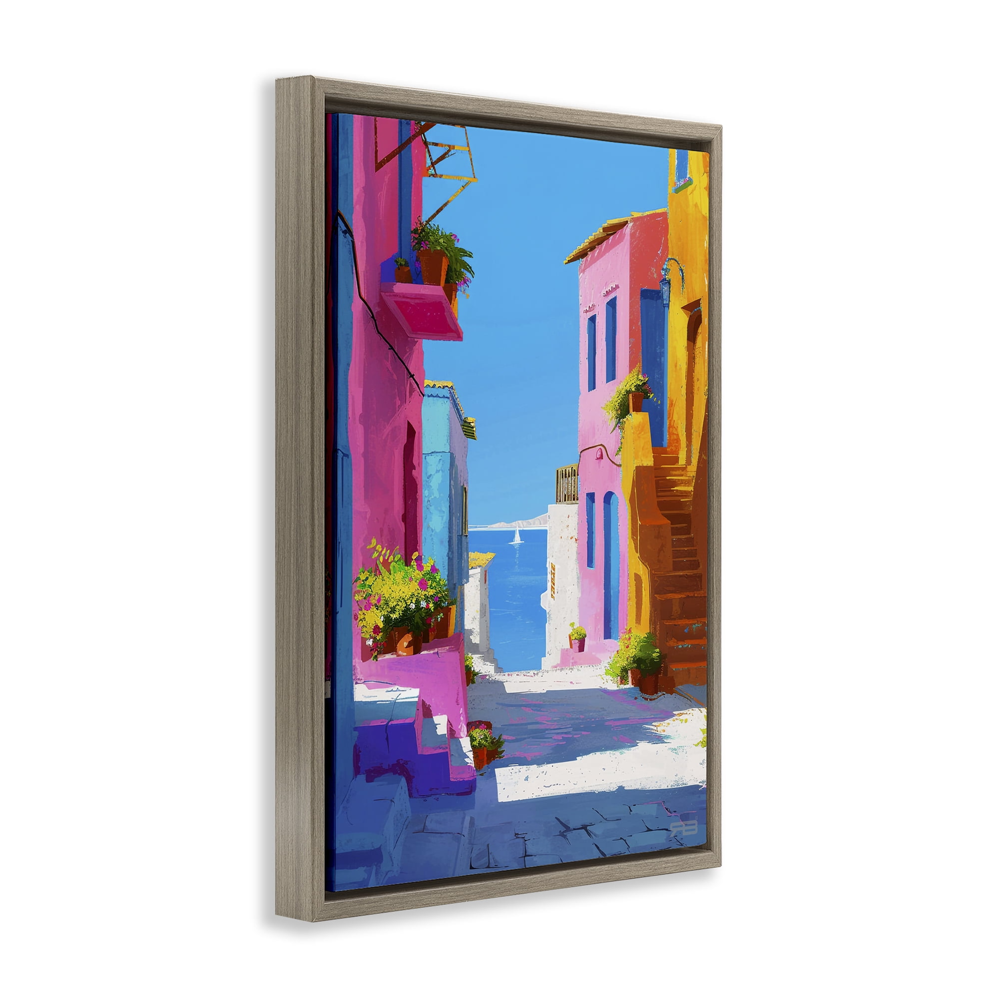 Stupell Industries Coastal Town Buildings Buildings & Architecture Painting Brown Floater Framed Canvas Art Print Wall Art, 17 x 25