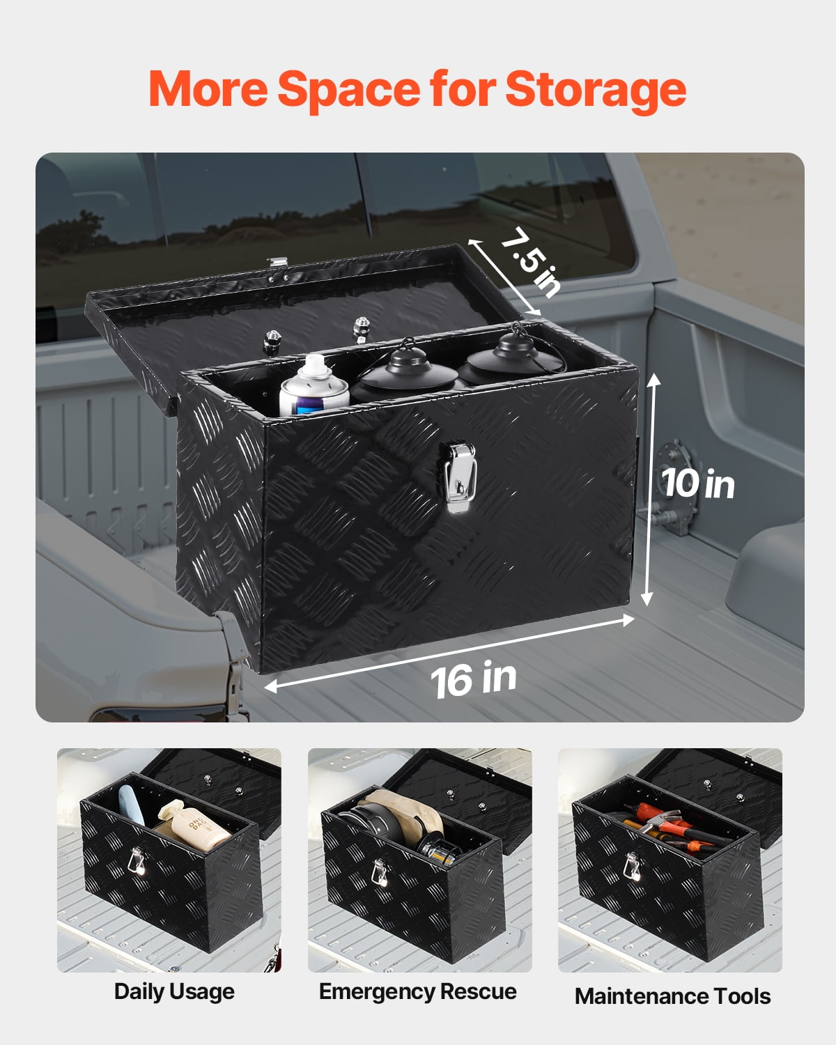VEVOR Heavy Duty Aluminum Truck Bed Tool Box, Stripes Plated Tool Box with Side Handle and Top Handle, Storage Toolbox Chest Organizer for Trailer, Pickup, Truck Bed, RV, 16"x7.5"x10", Black