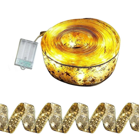 Beautynvta Christmas Tree Decorations, 32.81 Ft x 2 Inch Gold Christmas Tree Ribbon Lights, Battery Operated Ribbon String Lights for Indoor Decorations Party Weddings Holiday