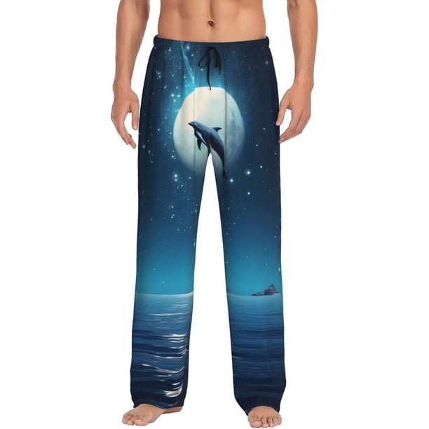 Balery Night Sky Moon Dolphin Pantalones de pijama para hombre, pijama ultraligero, pantalón de descanso-Small