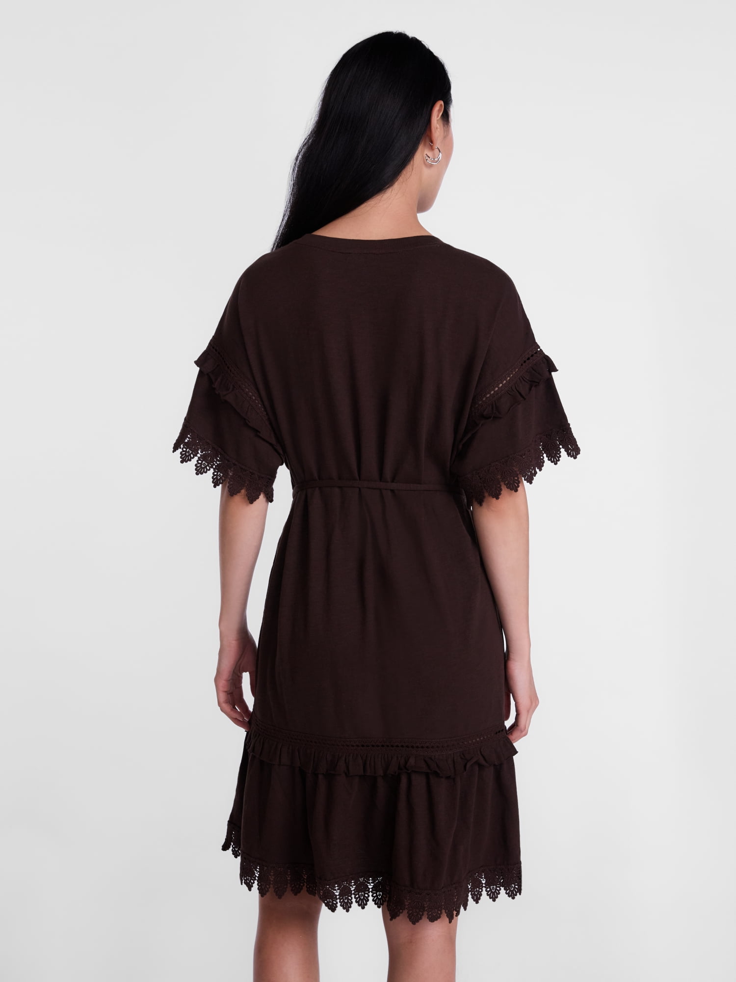 Scenario Women's Lace Trim Knit Dress with Short Sleeves, Sizes XS-XXXL