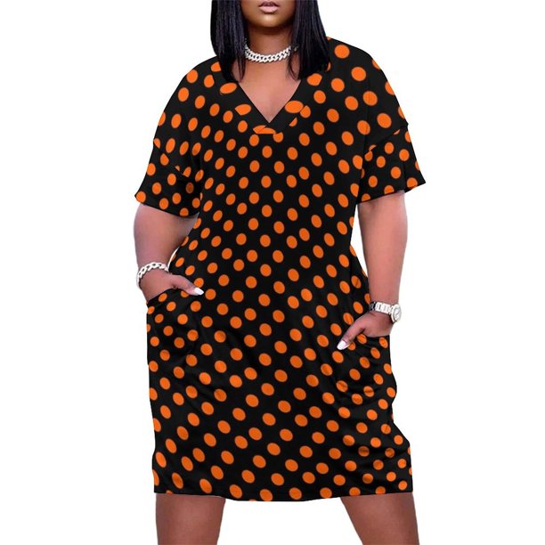 Vestido de lunares anaranjados en negro para mujer vestido de lujo con bolsillos vestido de fiesta informal de lujo