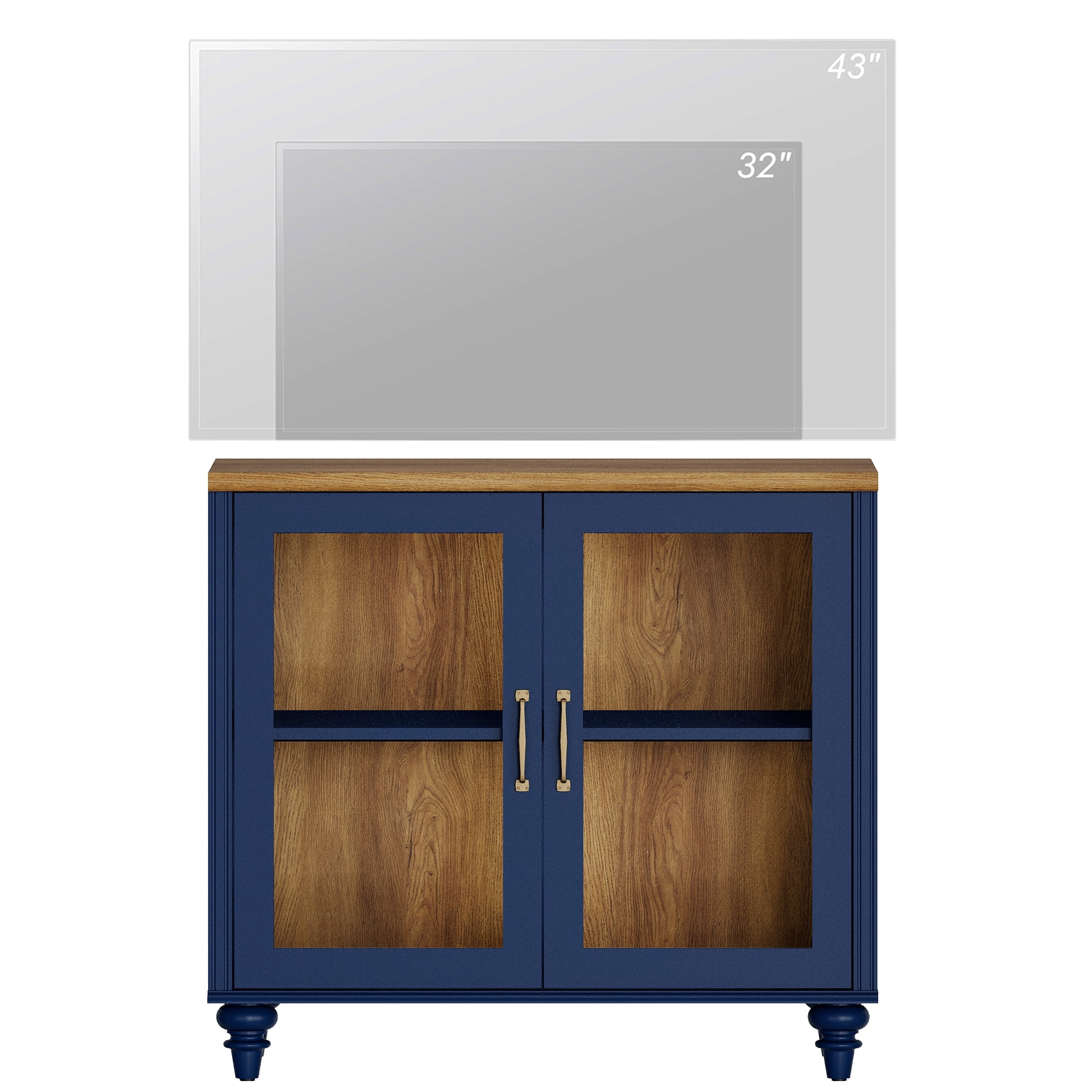 TV Stand for 43 Inch TV, Kitchen Buffet Sideboard with Glass Doors, TV Cabinet for Living Room and Dining Room, Navy Blue
