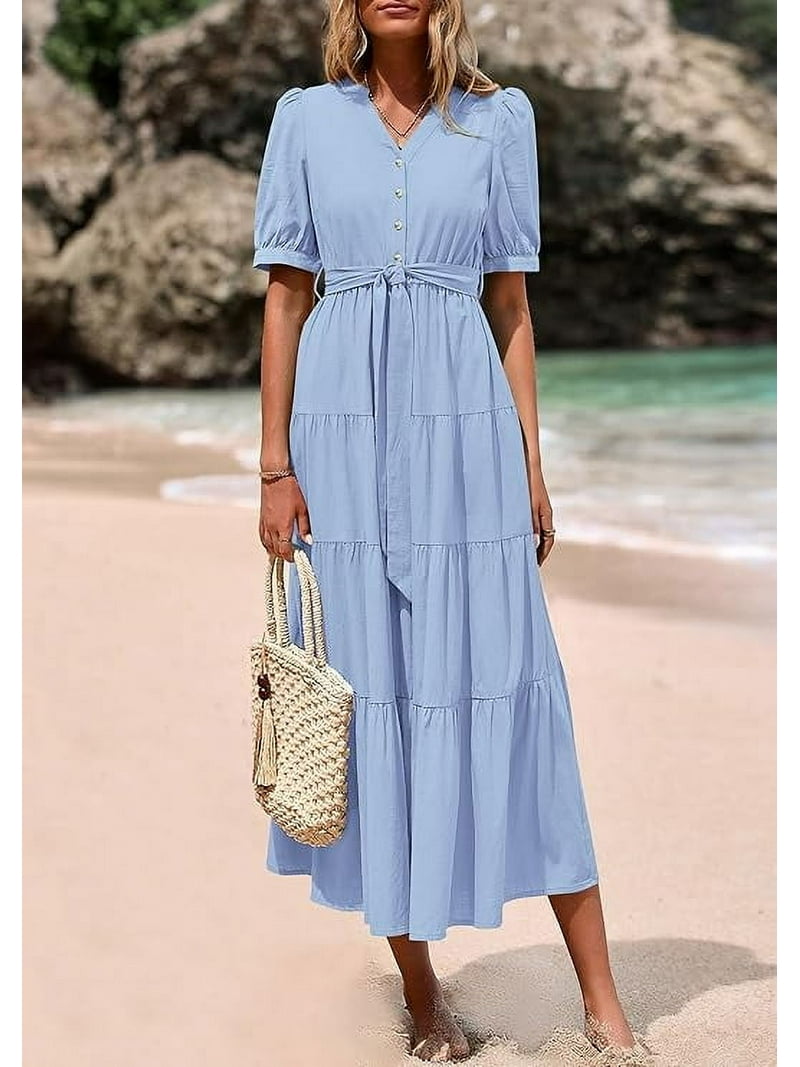 knee length dresses for ladies Sail to Sable Puff Sleeve Eyelet Midi Dress main image 1