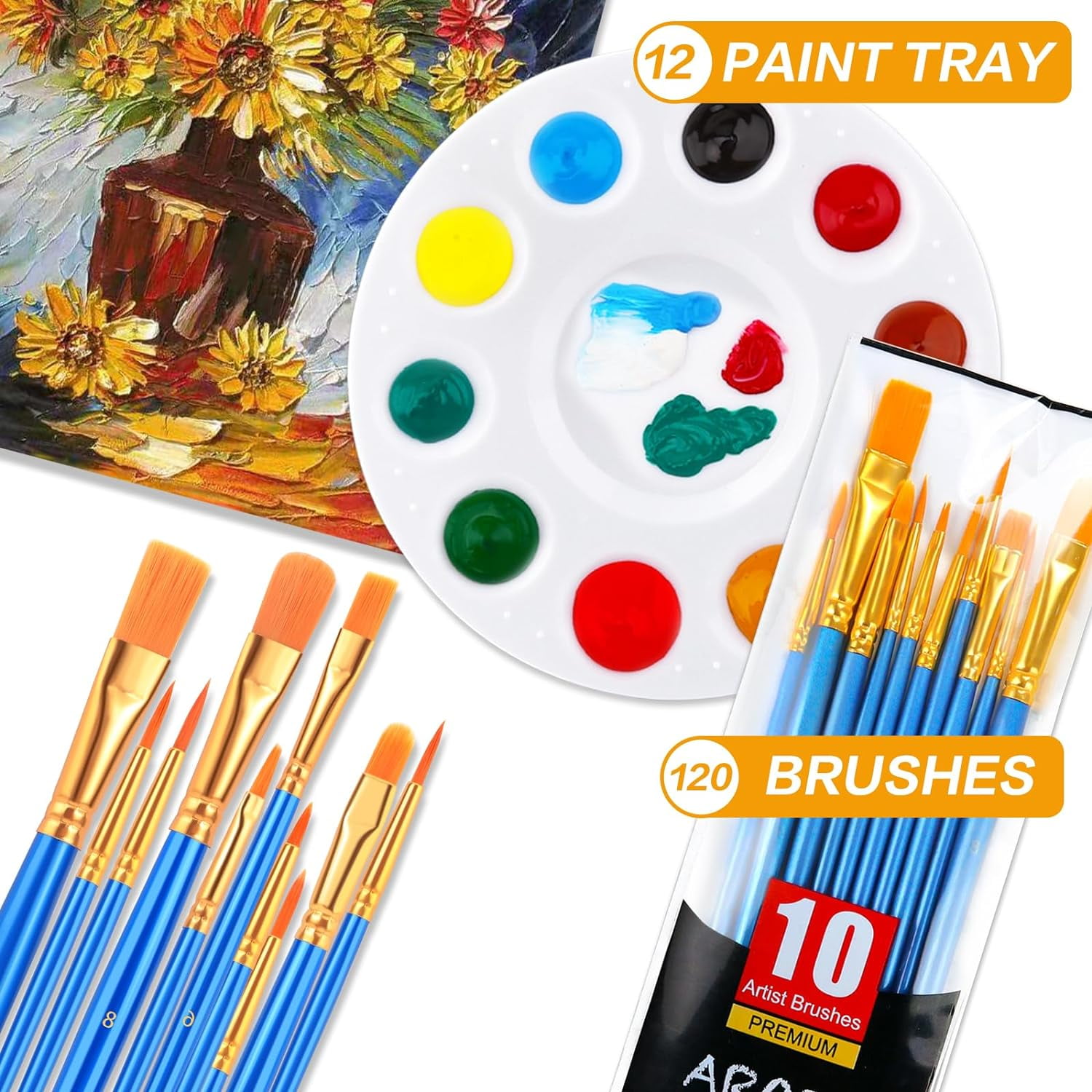 Painting Brush Palette Set, with 12 Packs of 120 Brushes and 12 Palettes,Nylon Brush Head, Suitable for Oil Watercolor, etc., Perfect Art Painting Set.