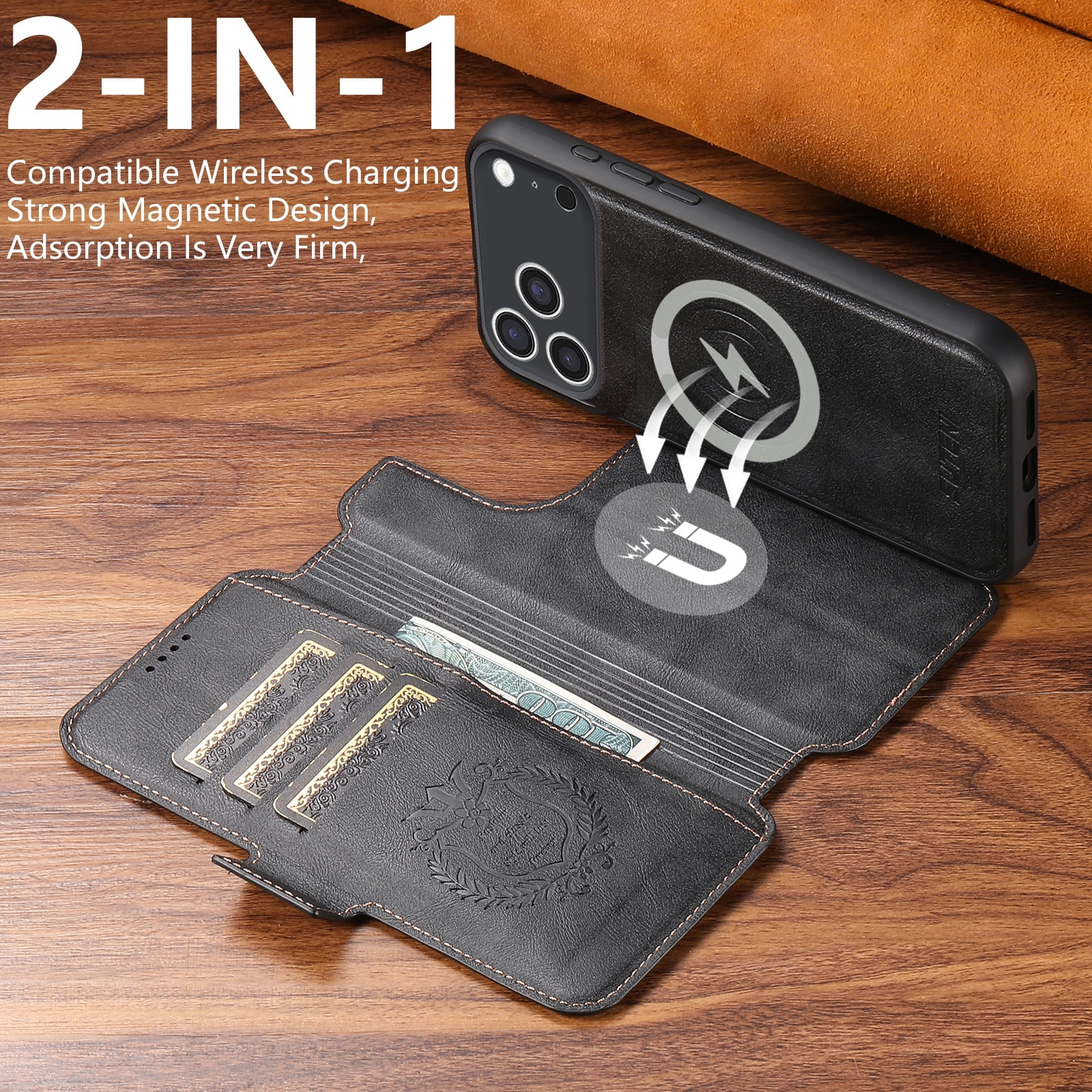 PU Leather for iPhone 17 Pro Max Case, 2 in 1 Detachable Wallet Case with Card Holder, Removable Flip Stand Folio Cover with RFID Blocking Phone Cover [Compatible with MagSafe],Black