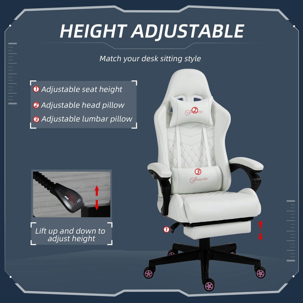 Demi Bonn PU Leather Gaming Chair with Retractable Foot Rest, Headrest, Lumbar Support and Armrest, Ergonomic Computer Chair for Home, White