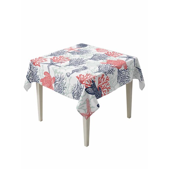 Blue Red Coastal Table Cloth, Sea Turtle Nautical Coral Summer Beach Waterproof Tablecloth for Square Tables, Reusable Washable Fabric Table Cover for Restaurant Kitchen Dining Tables 60"x60"