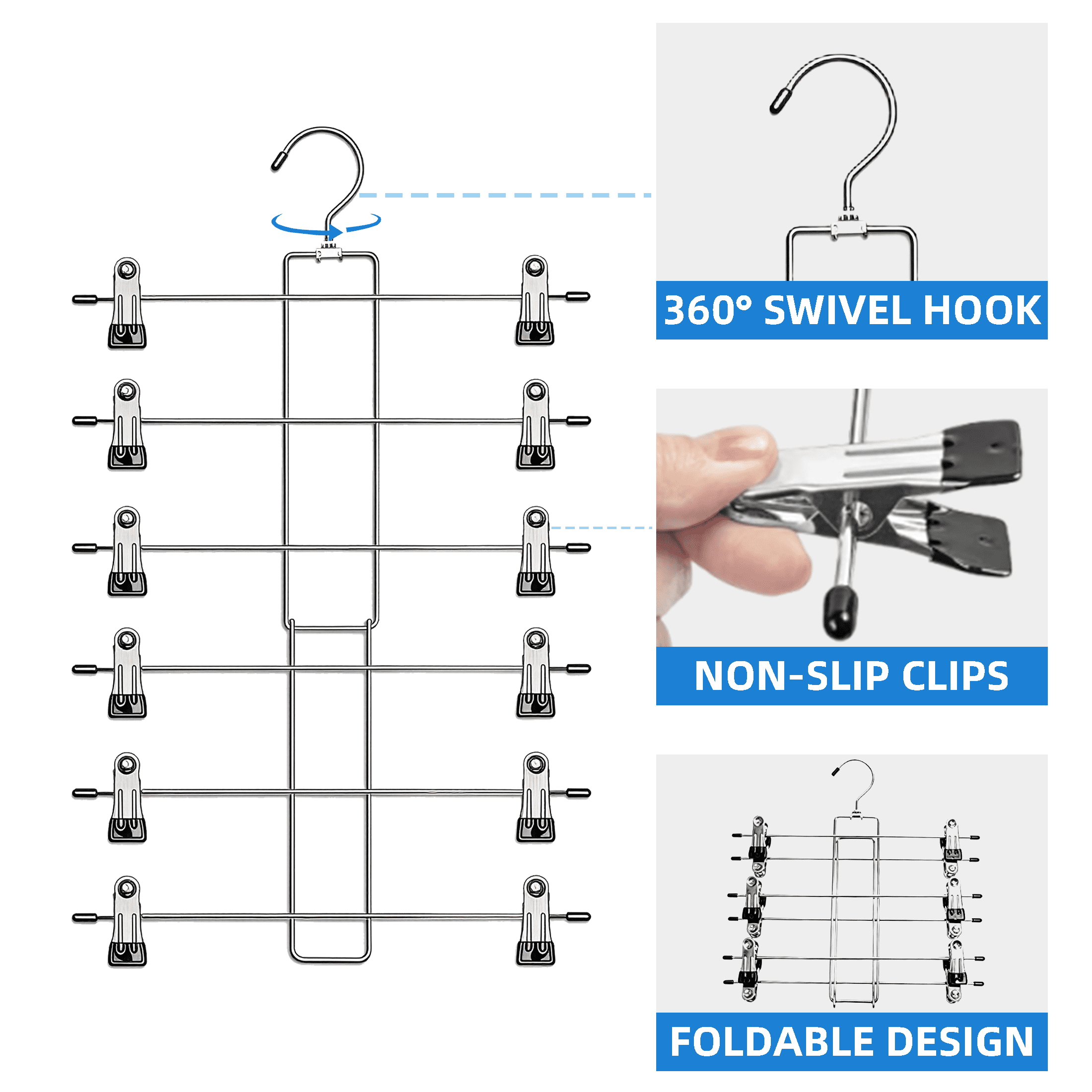 GARITIN 2 Pack Pants Hangers, 6 Tier Skirt Hangers with Non Slip Clips, Foldable Metal Clothes Hanger Organizer for Closet