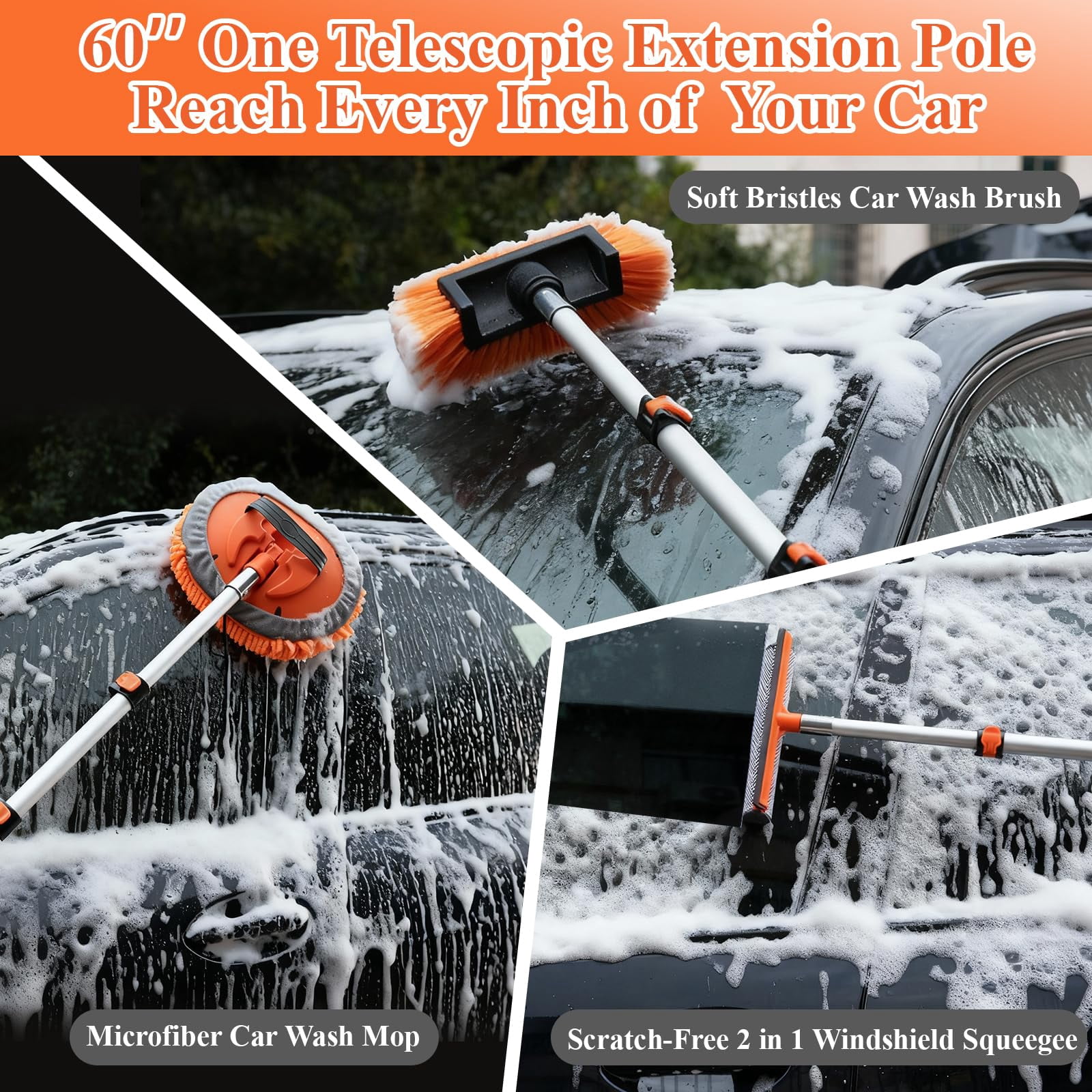 21Pcs Car Wash Kit with 60" Heavy-Duty Extension Pole, Soft Car Wash Brush, Wheel & Tire Brush, Scratch-Free Car Mop Mitt & Window Squeegee, Detailing Tool for Car Exterior & Interior Cleaning