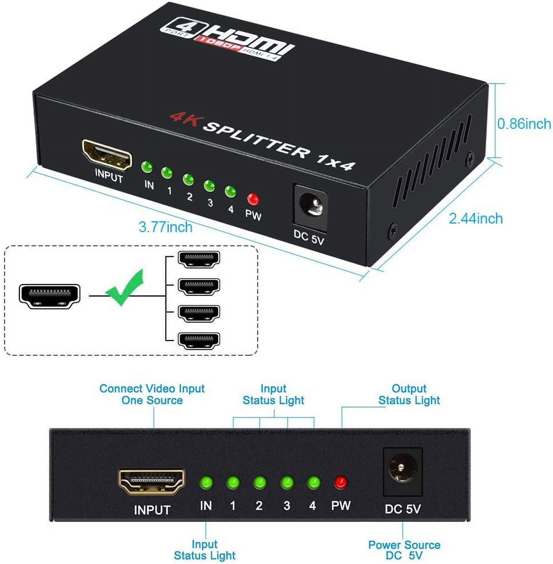 HDMI Splitter 1 in 2 Out, 4K HDMI Splitter for Dual Monitors  Duplicate，Support1080P/4k30/60 /3D，PC,PS4,X-Box, Blu-Ray, 