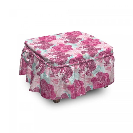 Floral Ottoman Cover  Orchid Grunge  2 Piece Slipcover Set with Ruffle Skirt for Square Round Cube Footstool Decorative Home Accent  Standard Size  Multicolor  by Ambesonne