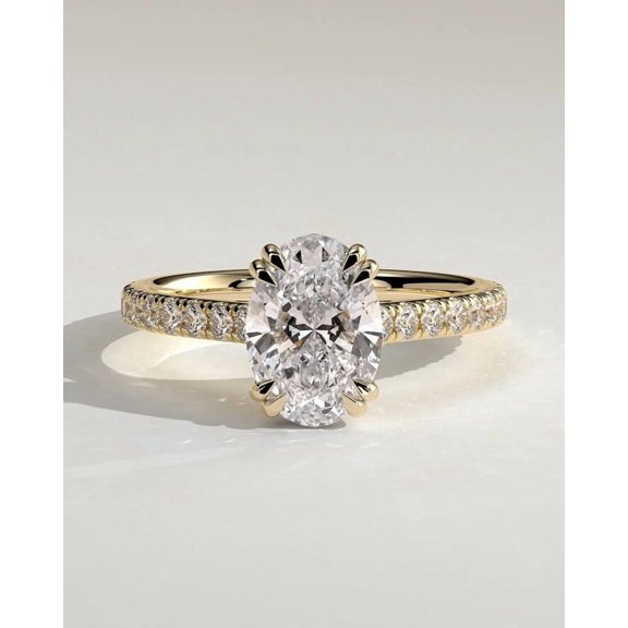 Jewelerix Oval Cut Moissanite Engagement Ring 10K Vermeil Yellow Gold, Hidden Halo & Pave Band, Classic Solitaire Bridal Ring for Women