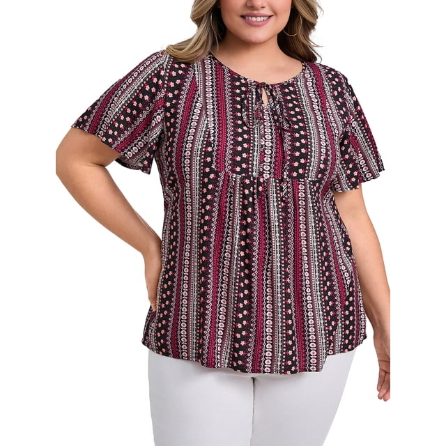 GRACE & GRANDEUR Blusas de Talla Grande para Mujeres con Cuello Ajustable, Mangas con Volantes, Estampado Floral Bohemio, Con Lazos Reunidos, Blusa Estilo Babydoll 4X Púrpura Ciruela