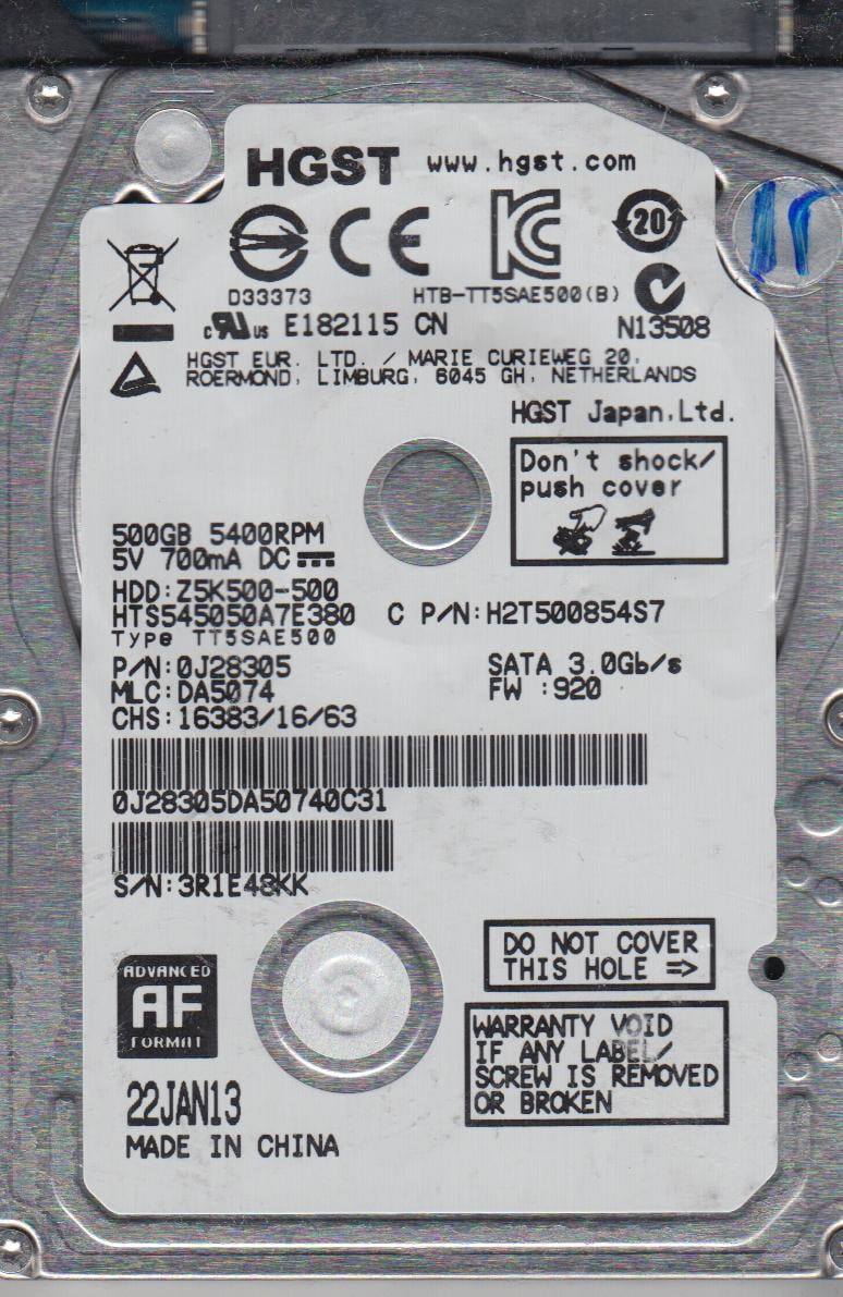 HTS545050A7E380 P//N DA5074 HGST 500GB 0J28305 MLC