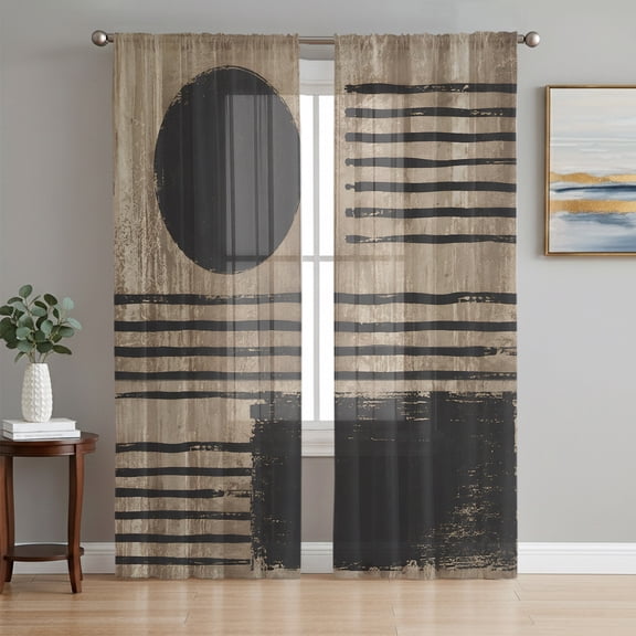 Brown Black Geometric Sheer Curtains 63 Inch Length 2 Panels Set, Retro Modern Striped Abstract Voile Window Treatment Rod Pocket Curtains Sheers Drapes for Bedroom/Living Room/Kitchen 52x"63"x2