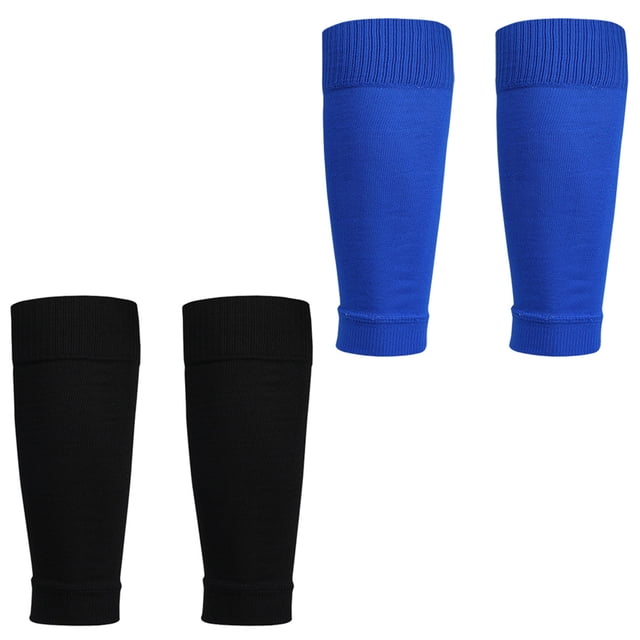Dinheiro 2 Pares De Espinilleras De Fútbol Manga De Compresión para Niños Jóvenes, Calcetines con Soporte para Piernas para Deportes De Fútbol Voleibol,Color Azul+Negro